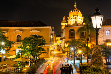 Plaza in the historic center of Cartagena, Colombia taken at night timeの写真素材