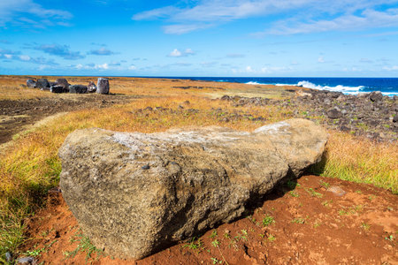 Damaged Moai on Easter Island lying facedown near the shore lineの写真素材