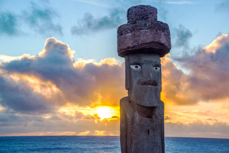 A replica Moai at sunset on Easter Islandの写真素材