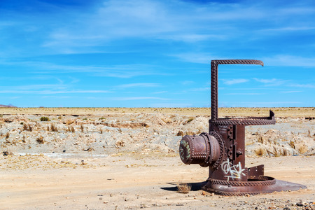 Remains of a train in the Train Cemetery in Uyuni, Boliviaの写真素材