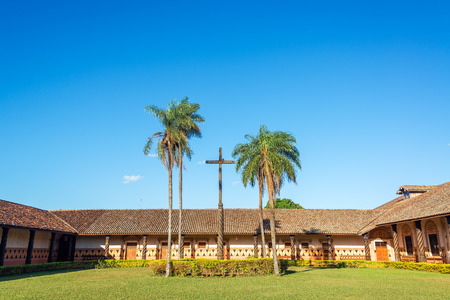 Courtyard and cross in the Jesuit Mission in Concepcion, Boliviaの写真素材
