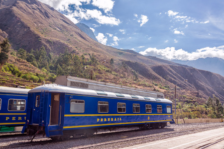 OLLANTAYTAMBO, PERU - OCTOBER 3: Railcar of Peru Rail to go between Ollantaytambo, Peru and Machu Picchu on October 3, 2014のeditorial素材