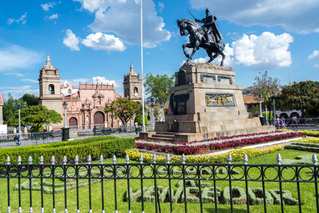The Plaza de Armas with the cathedral in the background in Ayacucho, Peruのeditorial素材