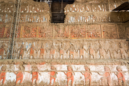Details on one side of Huaca de la Luna and ancient pre Incan pyramid in Trujillo, Peruの写真素材