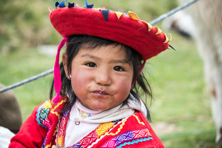 CUZCO, PERU - SEPTEMBER 29: Young girl of Incan descent near Cuzco, Peru on September 29, 2014のeditorial素材