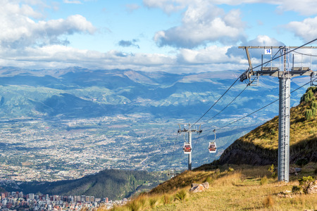 View of a gondola named the TeleferiQo climbing the Andes mountains outside of Quito, Ecuadorの写真素材