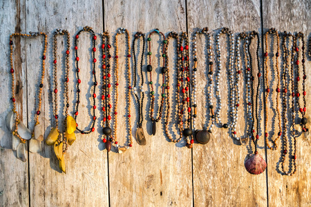 Souvenirs in the Amazon rainforest made from local nuts and animals near Iquitos, Peruの写真素材