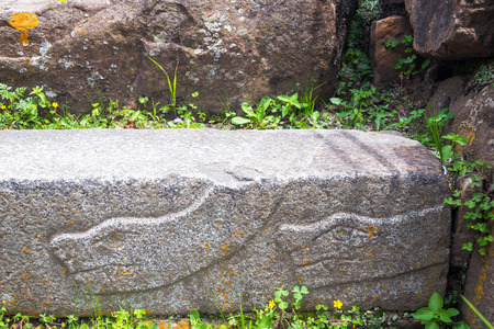 Snakes carved on a step at the of Chavin de Huantar in central Peruの写真素材