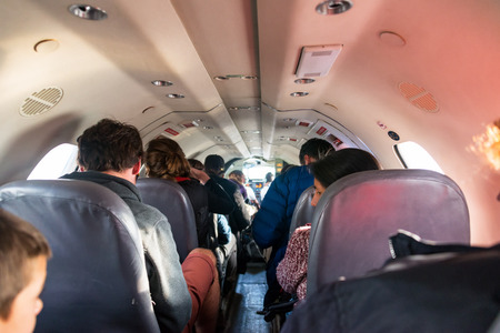 LA PAZ, BOLIVIA - AUGUST 27: Passengers inside the interior of a small airplane about to leave La Paz, Bolivia on August 27, 2014のeditorial素材
