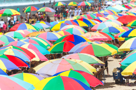 MONTANITA, ECUADOR - FEBRUARY 16: Colorful beach umbrellas during carnival at Montanita, Ecuador on February 16, 2015のeditorial素材