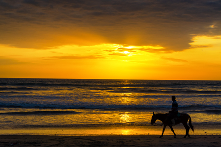 Silhouette of a man on horseback on a beach with a beautiful sunset in Canoa, Ecuadorの写真素材