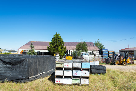 BUFFALO, WY - AUGUST 22: Beehives and other equipment used for beekeeping in Buffalo, WY on August...