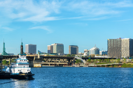 Beautiful waterfront view of Portland, Oregon and the Willamette Riverの写真素材
