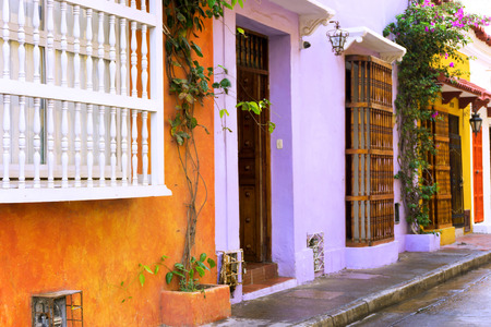 Colorful colonial buildings in Cartagena, Colombiaの写真素材