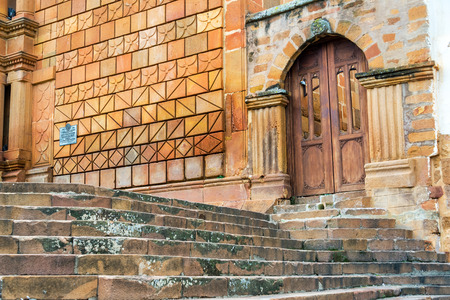 Partial view of the cathedral in the historic colonial village of Barichara, Colombiaの写真素材