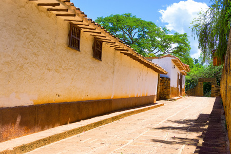 View of a sandstone street in beautiful colonial Barichara, Colombiaの写真素材