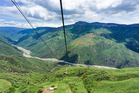 View of the aerial tram in Chicamocha Canyon near Bucaramanga, Colombiaの写真素材