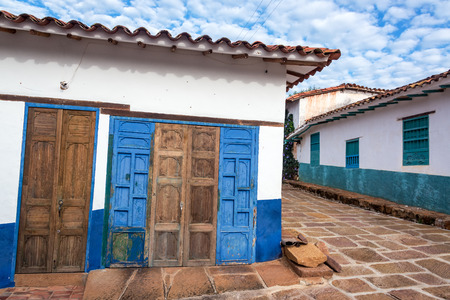 Old rustic doors and colonial architecture in the colonial town of Barichara, Colombiaの写真素材
