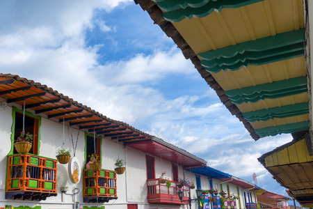 Rows of colorful balconies in the historic colonial town of Salento, Colombiaの写真素材