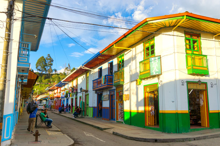 SALENTO, COLOMBIA - JUNE 8: Colorful street corner in Salento, Colombia on June 8, 2016のeditorial素材
