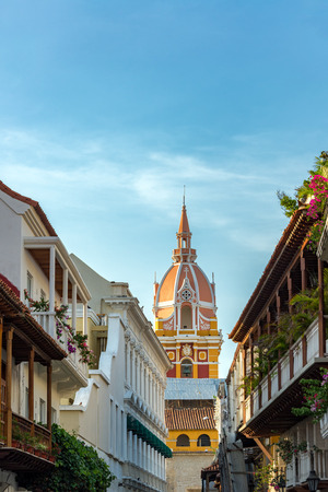 Vertical view of rows of balconies leading to the colorful cathedral in the historic colonial center of Cartagena, Colombiaの写真素材