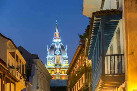 Cathedral of Cartagena, Colombia taken in the late evening during the blue hourの写真素材