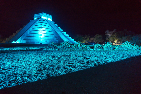Night time view of the Mayan ruins of Chichen Itza in Mexicoの写真素材