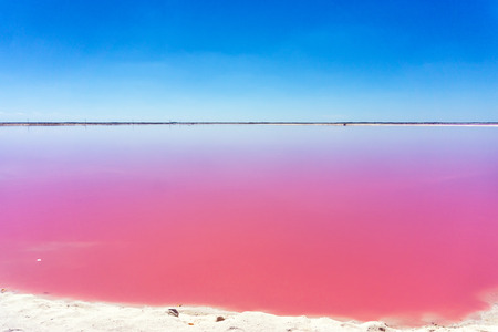 Beautiful pink water and clear blue sky near Rio Lagartos, Mexicoの写真素材