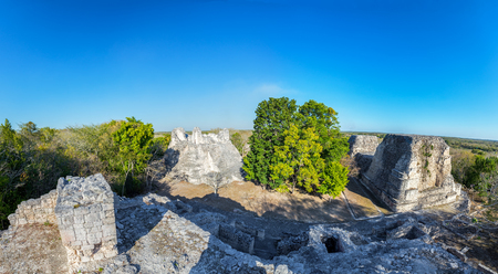 Panoramic view of a plaza and ruins in the Mayan city of Becanの写真素材