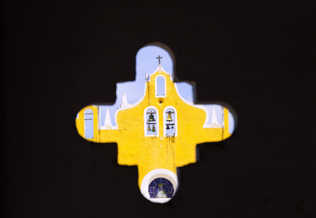 Closeup of the belfry of the cathedral in Izamal, Mexicoの写真素材