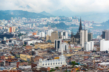 View of downtown Manizales, Colombia with the cathedral visibleのeditorial素材