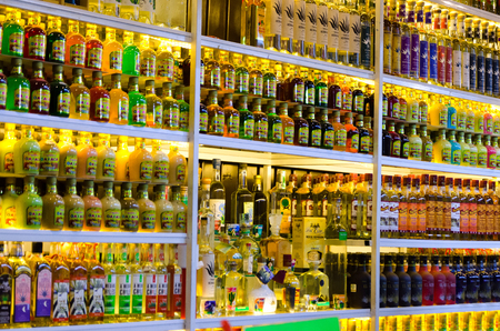 OAXACA, MEXICO -MARCH 5: Different types of mezcal bottles in a marketplace in Oaxaca, Mexico on March 5, 2017のeditorial素材