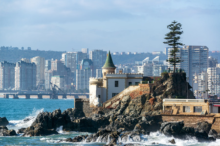 View of Wulff Castle with apartment buildings in the background in Vina del Mar, Chileのeditorial素材