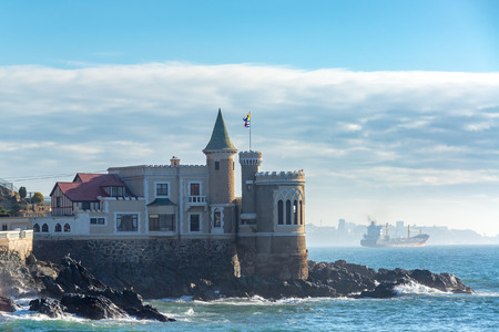 Wulff Castle and a tanker ship in Vina del Mar, Chileのeditorial素材