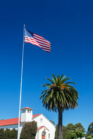 American flag and palm tree with a beautiful blue sky in San Franciscoの写真素材