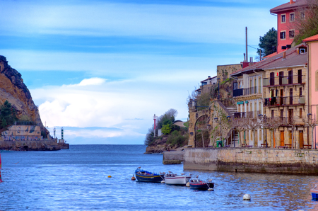 Waterfront view of the town Donibane with boats in Spainのeditorial素材