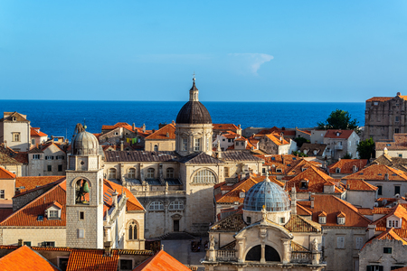 Cityscape view of Dubrovnik, Croatia with the clocktower, Church of St. Blaise, and the cathedral visibleの写真素材