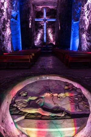 ZIPAQUIRA, COLOMBIA - APRIL 22: Artwork in the salt cathedral in Zipaquira, Colombia on April 22,...