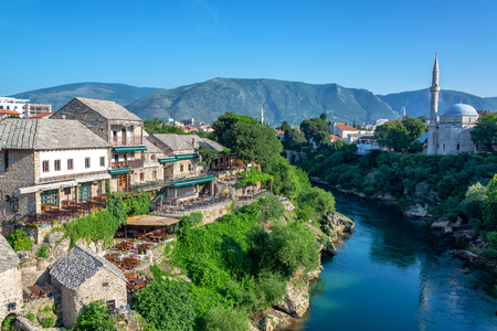 Nerevta River in Mostar, Bosnia and Herzegovina with the Koski Mehmed Pasha Mosque on the bank of the riverの写真素材