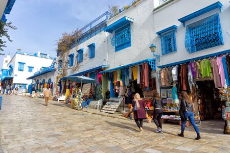 SIDI BOU SAID, TUNISIA- APRIL 3: View of the Sidi Bou Said medina with its traditional market and tourists in Tunisia on April 3, 2018のeditorial素材