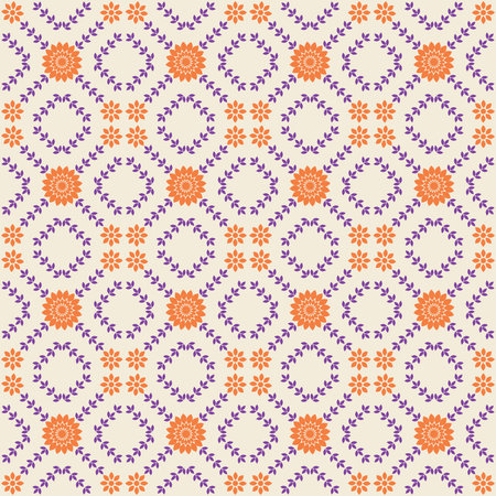 A vibrant  vector pattern featuring orange sun-shaped flowers and purple leaf wreaths in a geometric...