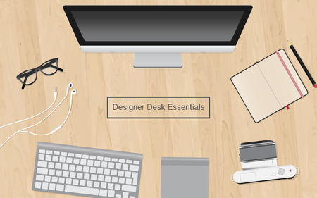 design vector illustration of modern creative office workspace, workplace of a designer, office various objects and equipment Isolated on stylish wood deskのイラスト素材