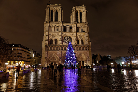 Paris, France - December 7, 2017: Christmas tree in front of the Notre Dame cathedral in the evening. Paris, France.のeditorial素材
