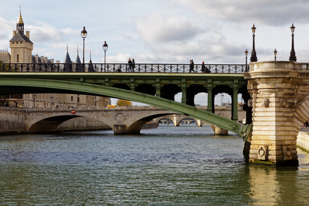 Court House, Conciergerie and differents bridges of Paris viewed from river Seine, Paris, France, October 28, 2017のeditorial素材