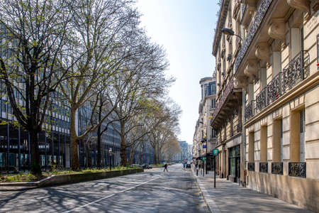 Paris, France - March 28, 2020: Because of containment due to Covid-19 pandemic there's nobody in the street of Paris, near Jussieu facultyのeditorial素材