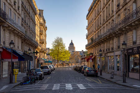 Paris, France - April 5, 2020: 20th day of containment because of Covid-19 on a typical bridge in Paris with Pantheon dome in backgroundのeditorial素材