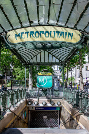 Paris, France - May 20, 2020: Abbesses metropolitain station in Montmartre, famous Art Nouveau symbolのeditorial素材