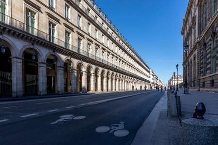 Paris, France - May 29, 2020: Cyclist drives on empty street (Rue de Rivoli) during the COVID-19-Pandemic lockdown in Parisのeditorial素材