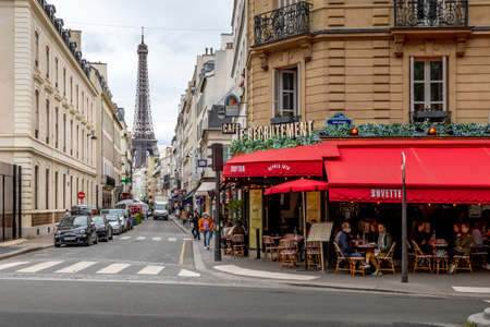 Paris, France - May 20, 2021: Day after lockdown due to covid-19 in a famous Parisian cafe with...