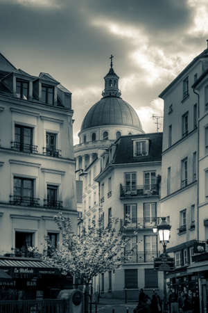 Paris, France - February 8, 2021: Haussman buildings in latin district with Pantheon monument in background in Parisのeditorial素材